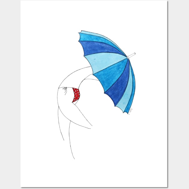 Umbrella Woman n3 by Natasha Kolton · blue tones and white dots red bikini beach girl · simple drawing Wall Art by natashakolton